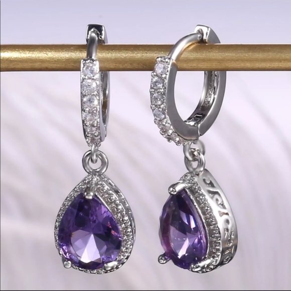 New 925 Silver Water Drop Royal Purple Earrings - Picture 1 of 5